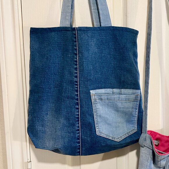 BUNDLE (2) New Hand Made Blue Jean Casual Everyday Shoulder Bag Handbag Boho - Picture 2 of 16